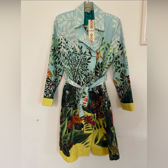 IVKO Jackets & Blazers - Ivko Coat Trench-Coat Tropical Pattern Belt Blue Yellow